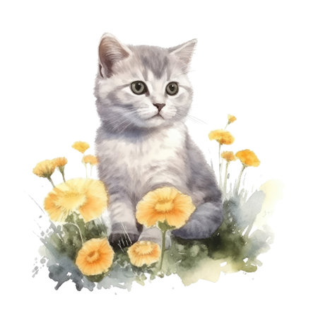 Watercolor painting of cute British Shorthair Kitten isolated on white background, Digital art, Generative AIの素材