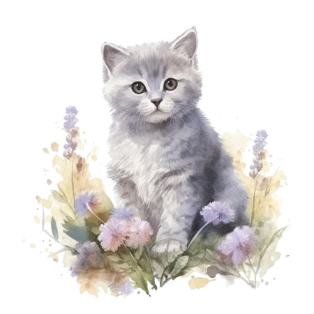 Watercolor painting of cute British Shorthair Kitten isolated on white background, Digital art, Generative AIの素材