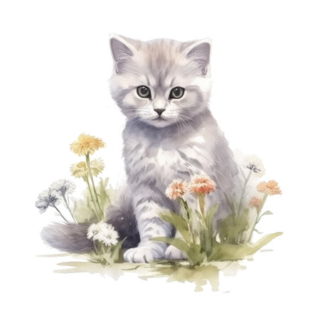 Watercolor painting of cute British Shorthair Kitten isolated on white background, Digital art, Generative AIの素材