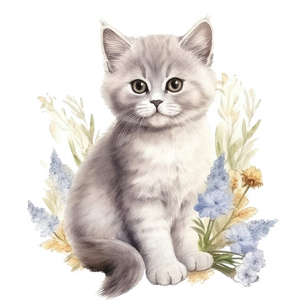 Watercolor painting of cute British Shorthair Kitten isolated on white background, Digital art, Generative AIの素材