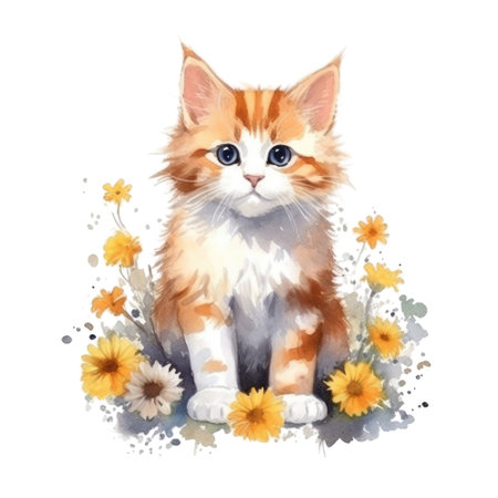 Watercolor painting of Orange Kitten isolated transparent background, Digital art, PNG image file format, Generative AIの素材