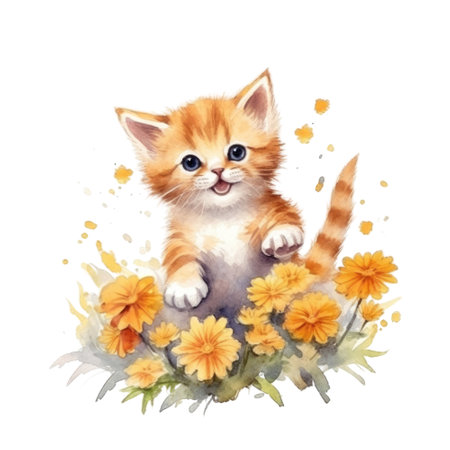 Watercolor painting of Orange Kitten isolated transparent background, Digital art, PNG image file format, Generative AIの素材