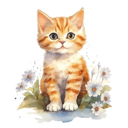 Watercolor painting of Orange Kitten isolated transparent background, Digital art, PNG image file format, Generative AIの素材