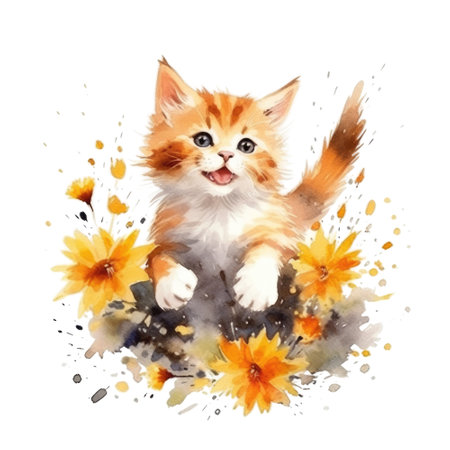 Watercolor painting of Orange Kitten isolated transparent background, Digital art, PNG image file format, Generative AIの素材