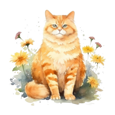 Watercolor painting of Orange Cat isolated transparent background, Digital art, PNG image file format, Generative AIの素材
