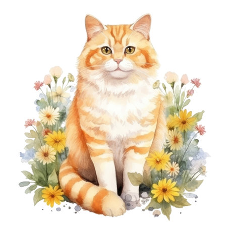 Watercolor painting of Orange Cat isolated transparent background, Digital art, PNG image file format, Generative AIの素材