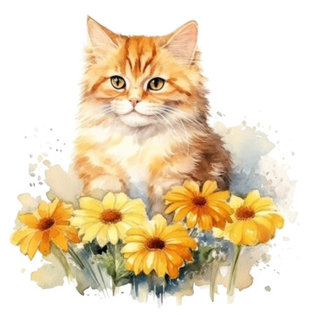 Watercolor painting of Orange Cat isolated transparent background, Digital art, PNG image file format, Generative AIの素材