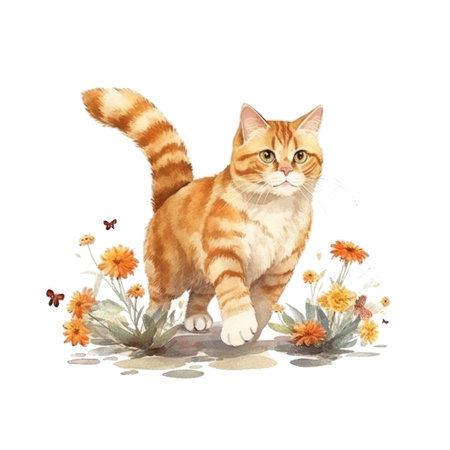 Watercolor painting of Orange Cat isolated transparent background, Digital art, PNG image file format, Generative AIの素材