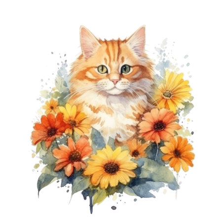 Watercolor painting of Orange Cat isolated transparent background, Digital art, PNG image file format, Generative AIの素材