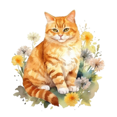 Watercolor painting of Orange Cat isolated transparent background, Digital art, PNG image file format, Generative AIの素材
