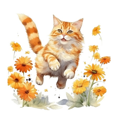 Watercolor painting of Orange Cat isolated transparent background, Digital art, PNG image file format, Generative AIの素材