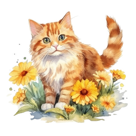 Watercolor painting of Orange Cat isolated transparent background, Digital art, PNG image file format, Generative AIの素材