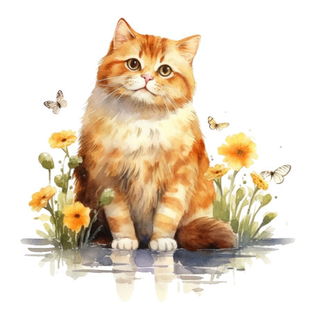 Watercolor painting of Orange Cat isolated transparent background, Digital art, PNG image file format, Generative AIの素材