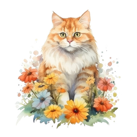 Watercolor painting of Orange Cat isolated transparent background, Digital art, PNG image file format, Generative AIの素材