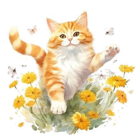 Watercolor painting of Orange Cat isolated transparent background, Digital art, PNG image file format, Generative AIの素材