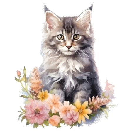 Watercolor painting of Cute Maine Coon Kitten isolated transparent background, Digital art, PNG image file format, Generative AIの素材