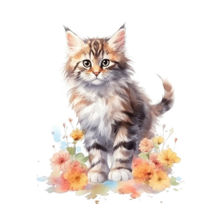 Watercolor painting of Cute Maine Coon Kitten isolated transparent background, Digital art, PNG image file format, Generative AIの素材
