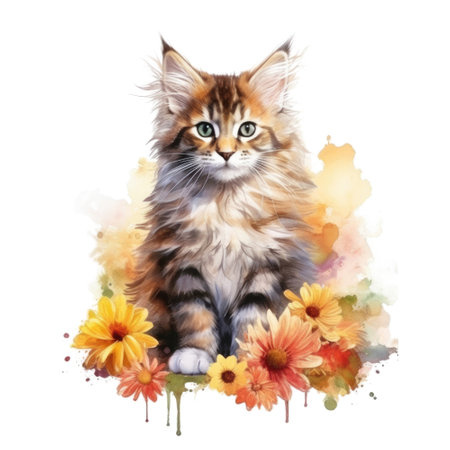 Watercolor painting of Cute Maine Coon Kitten isolated transparent background, Digital art, PNG image file format, Generative AIの素材