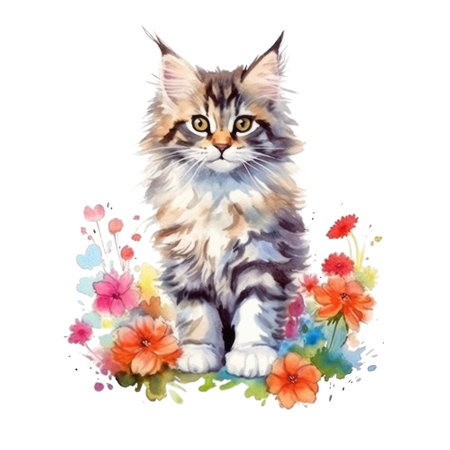 Watercolor painting of Cute Maine Coon Kitten isolated transparent background, Digital art, PNG image file format, Generative AIの素材