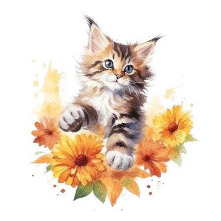 Watercolor painting of Cute Maine Coon Kitten isolated transparent background, Digital art, PNG image file format, Generative AIの素材