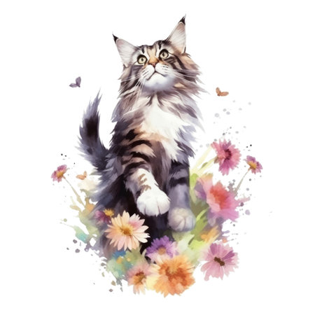 Watercolor painting of Maine Coon Cat isolated transparent background, Digital art, PNG image file format, Generative AIの素材