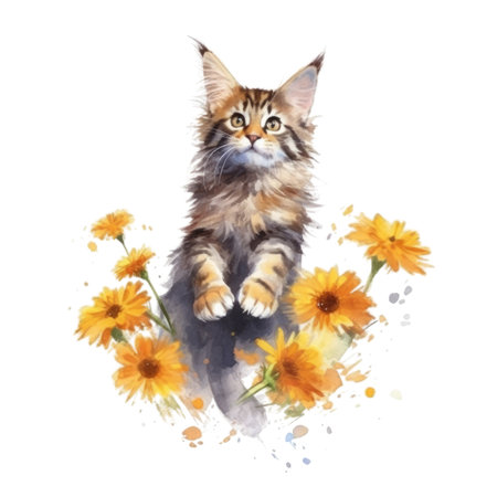 Watercolor painting of Maine Coon Cat isolated transparent background, Digital art, PNG image file format, Generative AIの素材