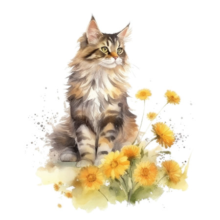 Watercolor painting of Maine Coon Cat isolated transparent background, Digital art, PNG image file format, Generative AIの素材