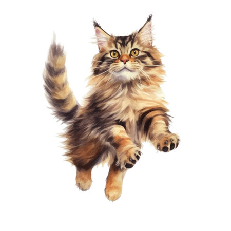 Watercolor painting of Maine Coon Cat isolated transparent background, Digital art, PNG image file format, Generative AIの素材