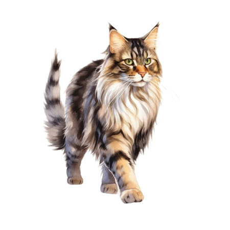 Watercolor painting of Maine Coon Cat isolated transparent background, Digital art, PNG image file format, Generative AIの素材