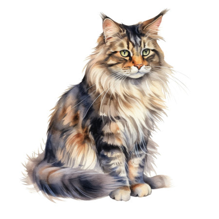 Watercolor painting of Maine Coon Cat isolated transparent background, Digital art, PNG image file format, Generative AIの素材