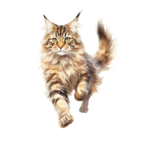 Watercolor painting of Maine Coon Cat isolated transparent background, Digital art, PNG image file format, Generative AIの素材