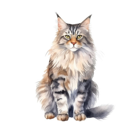 Watercolor painting of Maine Coon Cat isolated transparent background, Digital art, PNG image file format, Generative AIの素材