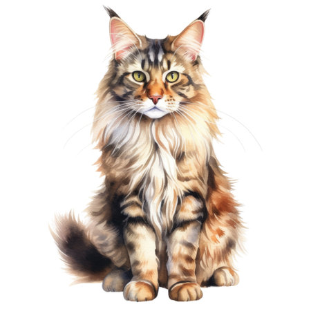 Watercolor painting of Maine Coon Cat isolated transparent background, Digital art, PNG image file format, Generative AIの素材