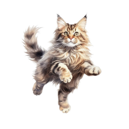 Watercolor painting of Maine Coon Cat isolated transparent background, Digital art, PNG image file format, Generative AIの素材