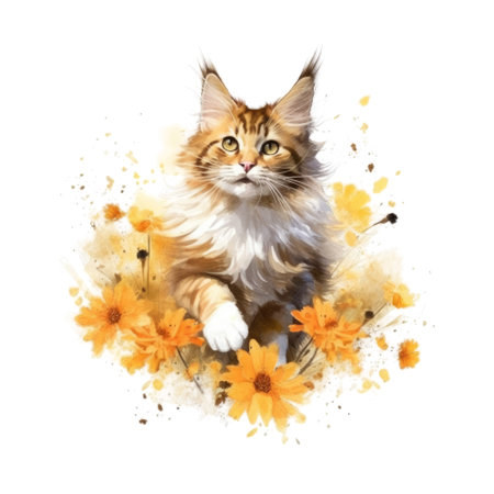 Watercolor painting of Maine Coon Cat isolated transparent background, Digital art, PNG image file format, Generative AIの素材