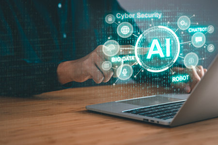 Digital information technology concept. Businessman and artificial intelligence icon on the screen. Chatbot and AI concept.の写真素材