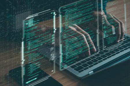 Digital information technology concept. Businessman touching artificial intelligence screen.の写真素材