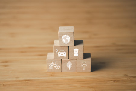 Wooden block of CO2 emission reduction icons. environment, global warming, CO2, sustainable energy concept.の写真素材