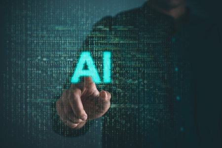Digital information technology concept. Businessman and artificial intelligence icon on the screen. Chatbot and AI concept.の写真素材