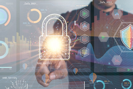 Data Security system concept, Business man use laptop with security icon screen, innovation technology, cloud computing, internet network communicationの写真素材