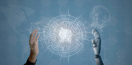 Digital information technology concept. Businessman and artificial intelligence icon on the screen. Chatbot and AI concept.の写真素材