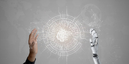 Digital information technology concept. Businessman and artificial intelligence icon on the screen. Chatbot and AI concept.の写真素材