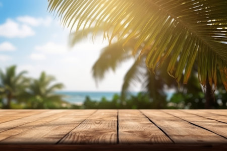 wooden table with summer tropical sea and  blue sky with clouds background, Generative AIの素材