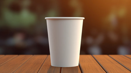 White paper coffee cup on the wooden table in the room, warm tone, mockup, generative aiの素材