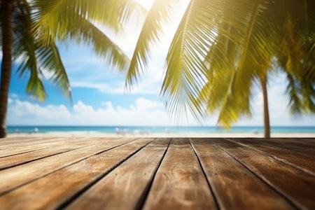 wooden table with summer tropical sea and  blue sky with clouds background, Generative AIの素材