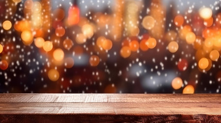 Wooden table in in the house covered with snow of xmas time blurred bokeh lights background, generative aiの素材