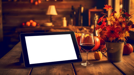 Tablet mockup place on the wooden table with flower autumn leaves background, warm tone color, generative aiの素材