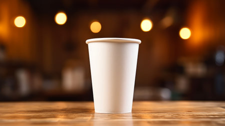White paper coffee cup on the wooden table in the room, warm tone, mockup, generative aiの素材