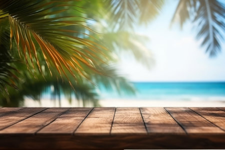 wooden table with summer tropical sea and  blue sky with clouds background, Generative AIの素材