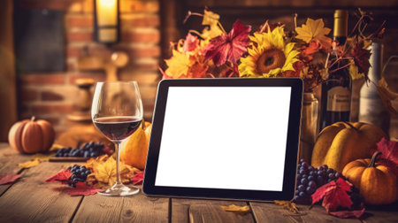 Tablet mockup place on the wooden table with flower autumn leaves background, warm tone color, generative aiの素材
